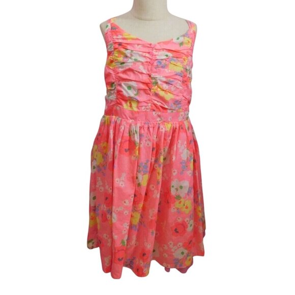SALE Girls Cherokee XL 14/16 Pink Floral Ruched Dress With Smocked Back & Cross - Picture 1 of 7